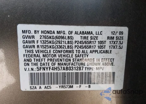 2010 Honda Pilot Ex-L z USA, uszkodzony, nr VIN 5FNYF4H57AB031287